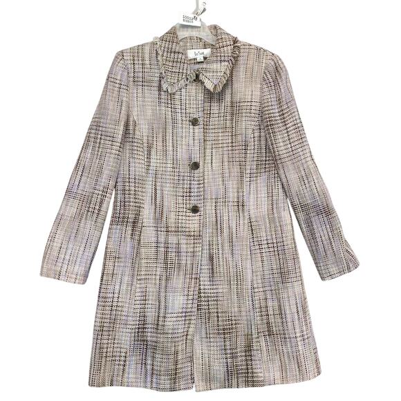 Vintage Le Suit Women's 8 Tweed Long Coat, Fringe Collar, 4-Button, Preppy 90s - Picture 1 of 6